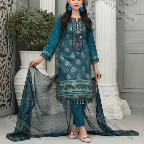 3PC Embroidered Banarsi Cotton Chiffon Shalwar Kameez Suit Pakistani/Indian M/38 - Picture 1 of 17